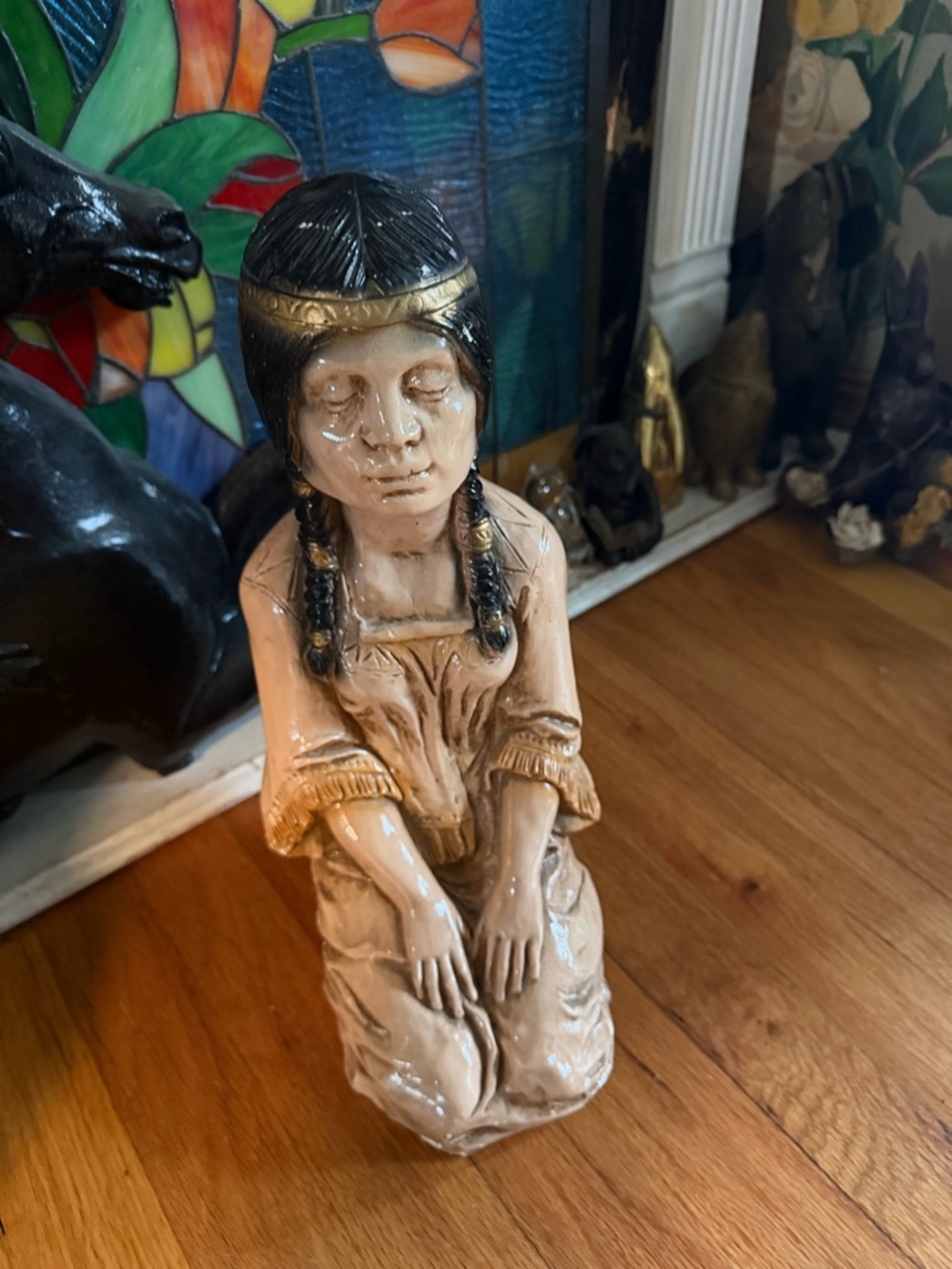 Vintage large Chalkware statue Native American Indian Woman kneeling